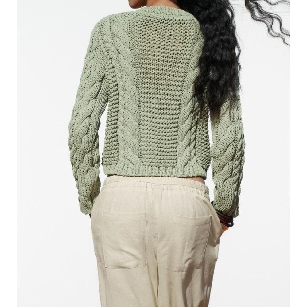 Zara Women Knit Sweater Cardigan Chunky S Small Green flower button 3920/237 NWT - Picture 3 of 16